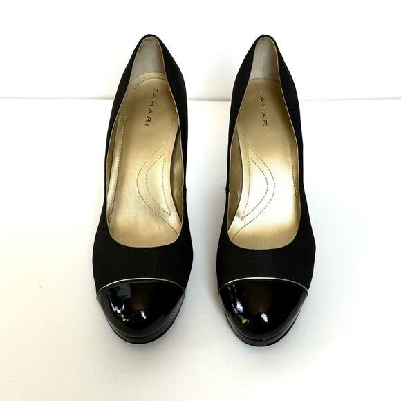 Tahari Laurie Stilettos, Black High Heels, Patent Leather Toe, Fabric, Size 8.5 - Picture 1 of 7